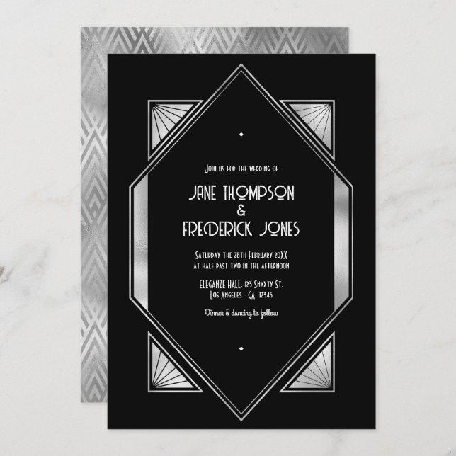 Modern Black & Silver Gatsby Art Deco Wedding Invitation (Front/Back)