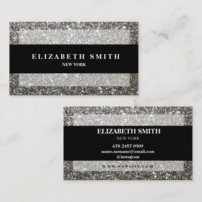 Modern Black Silver Glitter Business Card (Front/Back)