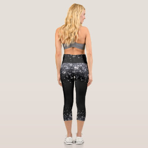 Modern Black & Silver Glitter  Capri Leggings