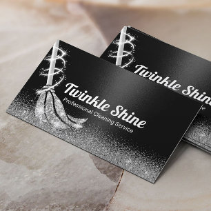 Modern Black & Silver Glitter Cleaning Service Business Card