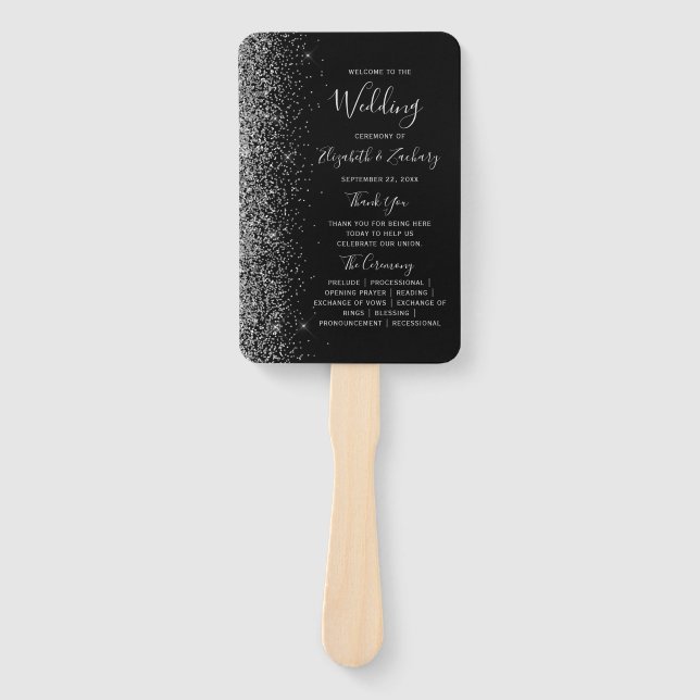 Modern Black Silver Glitter Edge Wedding Program Hand Fan (Front)