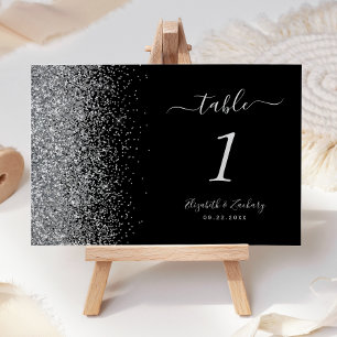 Modern Black Silver Glitter Edge Wedding Table Number