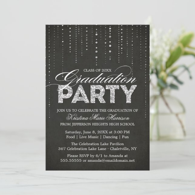 Modern Black & Silver Glitter Graduation Party Invitation (Standing Front)