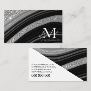 Modern Black Silver Glitter Marble Agate Monogram Business Card