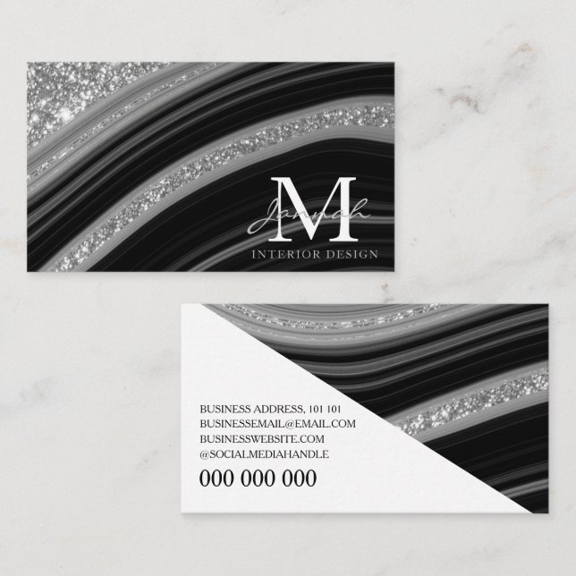 Modern Black Silver Glitter Marble Agate Monogram Business Card (Front/Back)