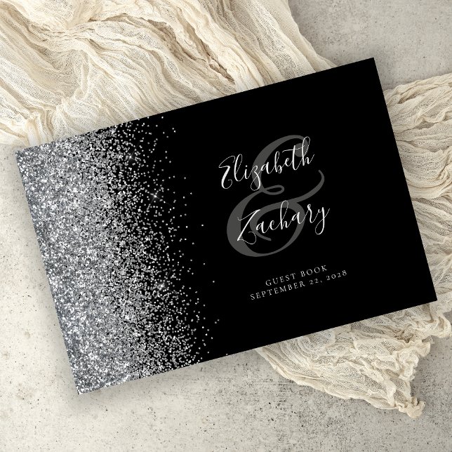 Modern Black Silver Glitter Script Guest Book (Creator Uploaded)
