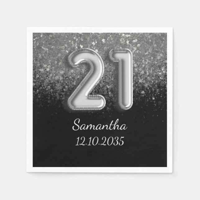 Modern Black & Silver Glitter Sparkle 21 Birthday Napkin (Front)