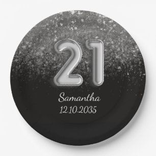 Modern Black  Silver Glitter Sparkle 21 Birthday   Paper Plate