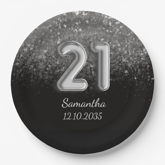 Modern Black  Silver Glitter Sparkle 21 Birthday   Paper Plate (Front)