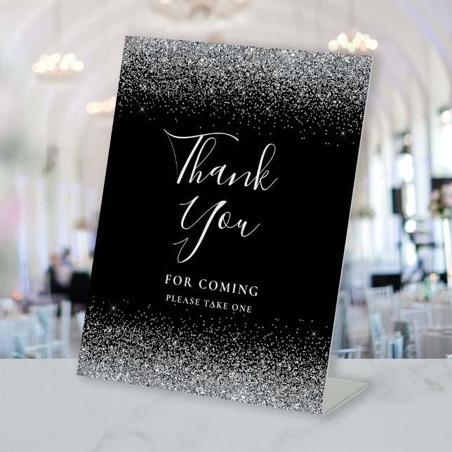 Modern Black Silver Glitter Wedding Thank You Pedestal Sign (Creator Uploaded)