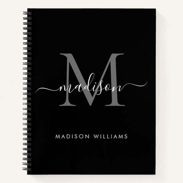 Modern Black Silver Grey Monogram Script Name Notebook (Front)