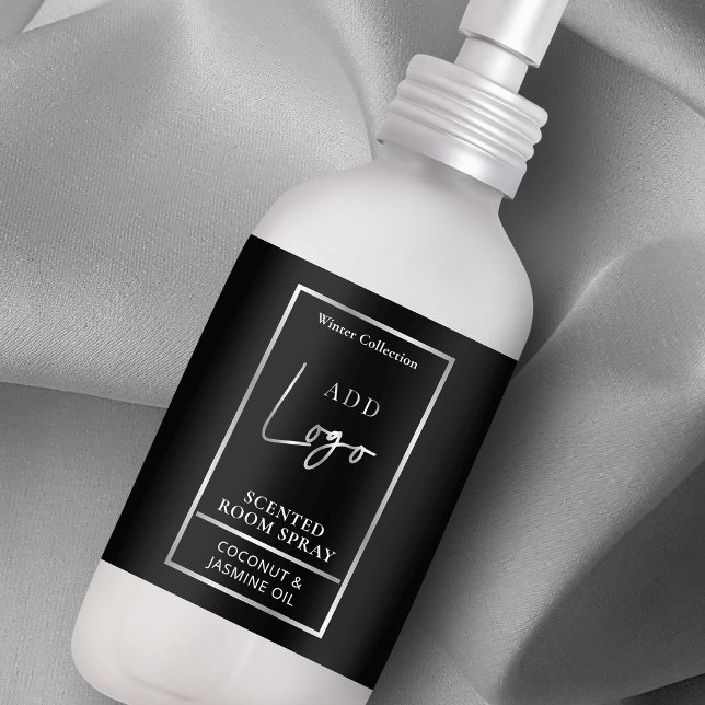 Modern Black & Silver Logo Room Spray Bottle Label (Black and silver spray bottle wraparound label with custom logo, ingredients and safety instructions)