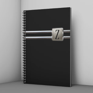 Modern Black Silver Monogram Metal Notebook