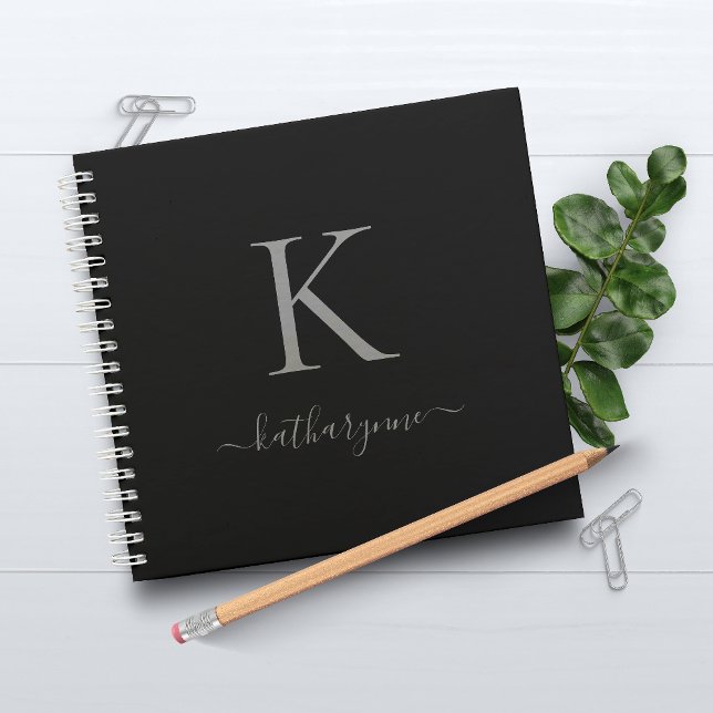 Modern Black Silver Monogram Script Name Notebook (Creator Uploaded)