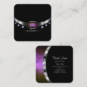 Modern Black Silver Purple with Monogram Diamonds Square Business Card