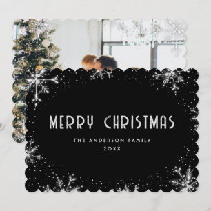 Modern Black Silver Snowflake Photo Christmas Card