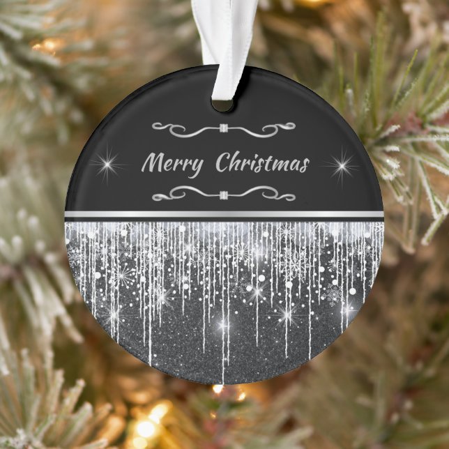 Modern Black Silver Sparkle Script Family Business Ornament (Tree)