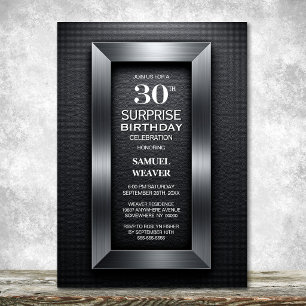 Modern Black Silver Surprise 30th Birthday Party Invitation