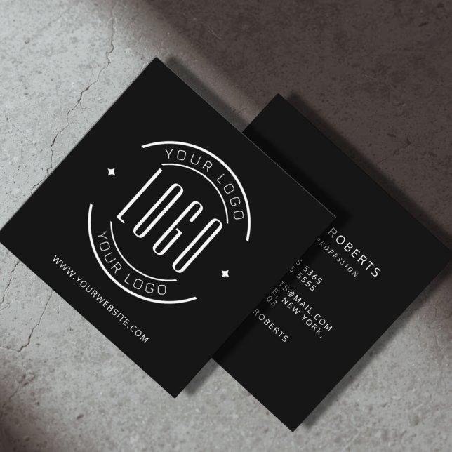 Modern black simple add your logo  square business card (Creator Uploaded)