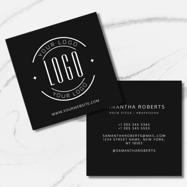 Modern black simple add your logo  square business card (Creator Uploaded)