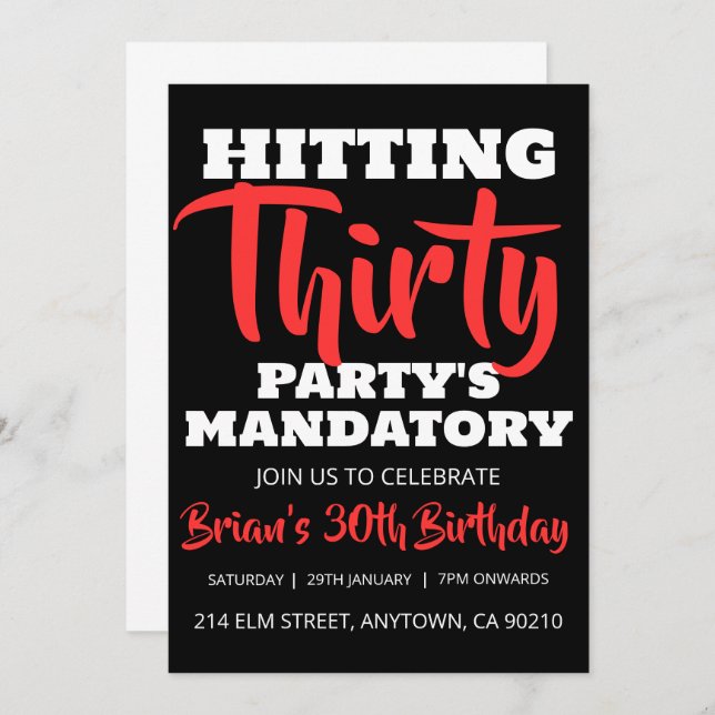 modern black simple adult 30th birthday invitation (Front/Back)