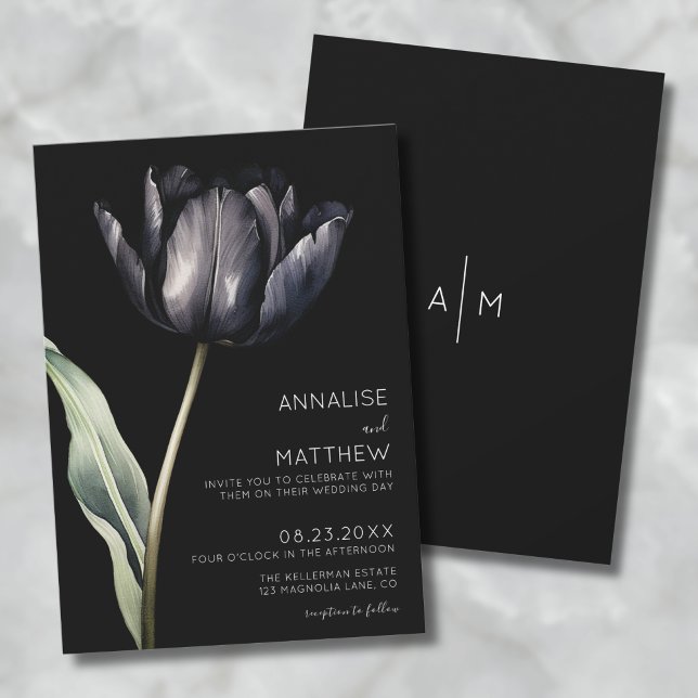 Modern Black Simple Elegant Floral Invitation (Flower Simple Elegant Modern Black Wedding Invitation )