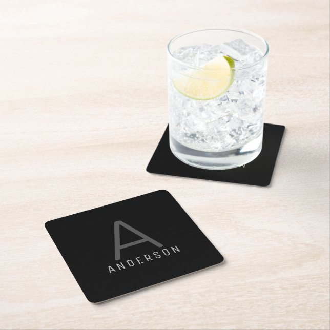 Modern Black Simple Monogram Initial Name Square Paper Coaster (Insitu)