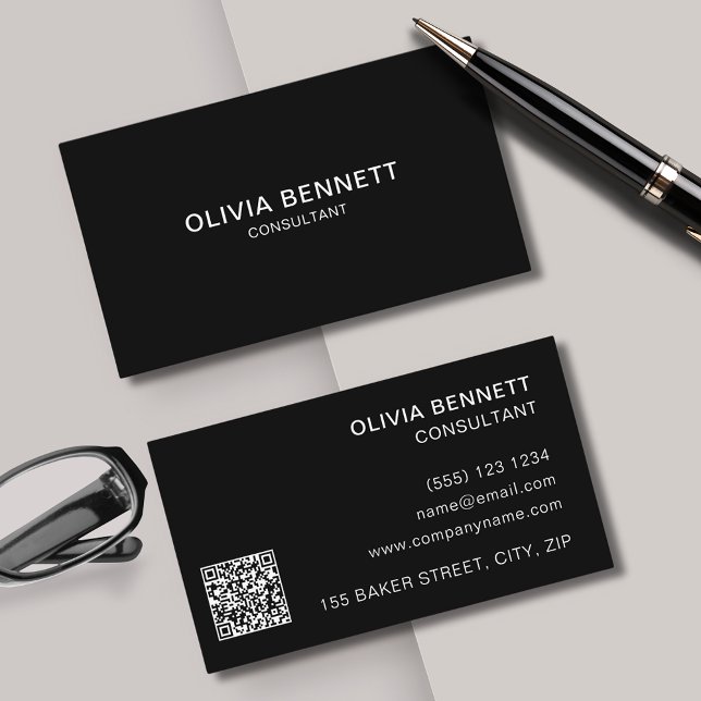 Modern Black Simple QR Business Card (Modern and minimal, black business cards perfect for any professional. Customize with QR code.)
