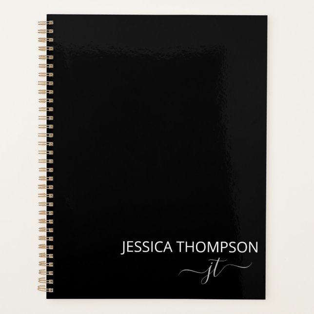 Modern Black Simple Script Girly Monogram 2025 Planner (Front)