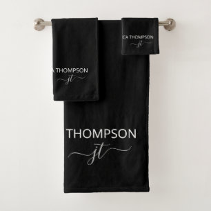 Modern Black Simple Script Girly Monogram Name Bath Towel Set