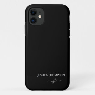 Modern Black Simple Script Girly Monogram Name iPhone 11 Case
