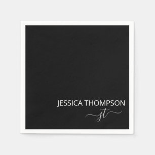 Modern Black Simple Script Girly Monogram Name  Napkin