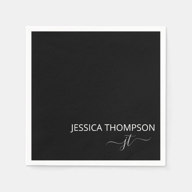 Modern Black Simple Script Girly Monogram Name  Napkin (Front)