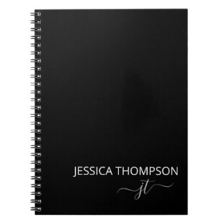 Modern Black Simple Script Girly Monogram Name Notebook