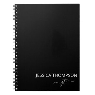 Modern Black Simple Script Girly Monogram Name Notebook