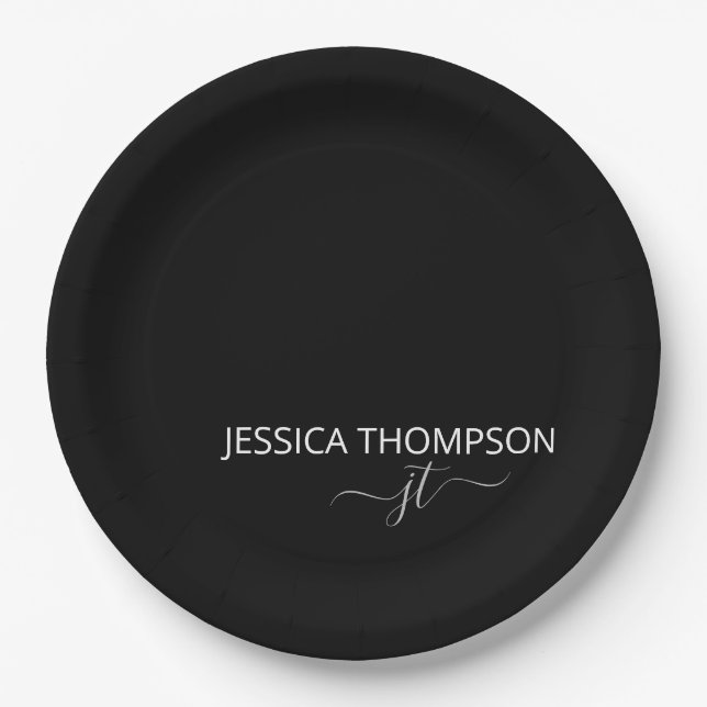 Modern Black Simple Script Girly Monogram Name  Paper Plate (Front)