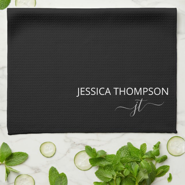 Modern Black Simple Script Girly Monogram Name  Tea Towel (Folded)