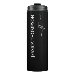 Modern Black Simple Script Girly Monogram Name Thermal Tumbler
