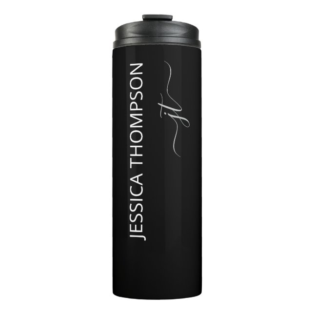 Modern Black Simple Script Girly Monogram Name  Thermal Tumbler (Front)