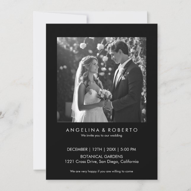 Modern Black Simple Wedding Invitation With Photo (Front)