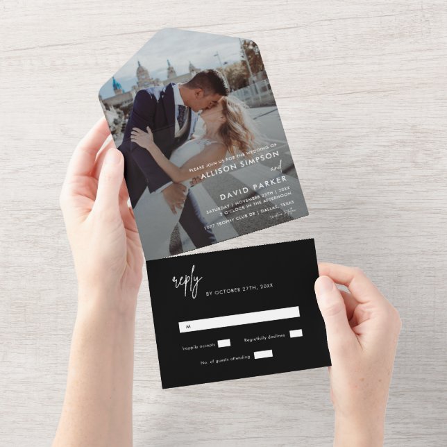 Modern Black Simple Wedding Photo No Menu All In One Invitation (Tearaway)