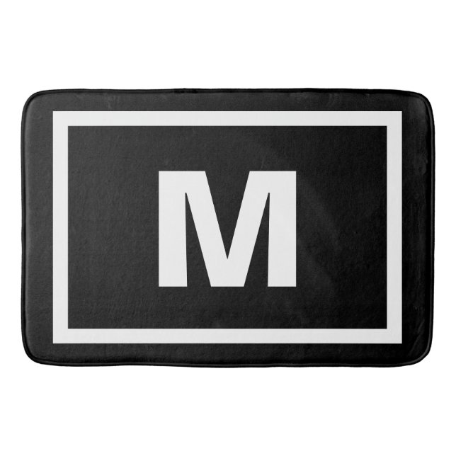 Modern Black Simple White Frame & Monogram Letter Bath Mat (Front)