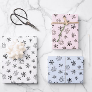 Modern Black Snowflakes Blue Pink White Christmas Wrapping Paper Sheet
