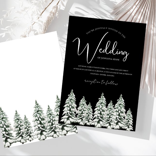 Modern Black Snowy Pine Forest Wedding Invitation (Winter Black and White Snowy Pine Trees Wedding Invitation)