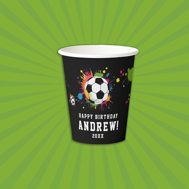Modern Black Soccer Sport Ball Colourful Splatters Paper Cups (Creator Uploaded)