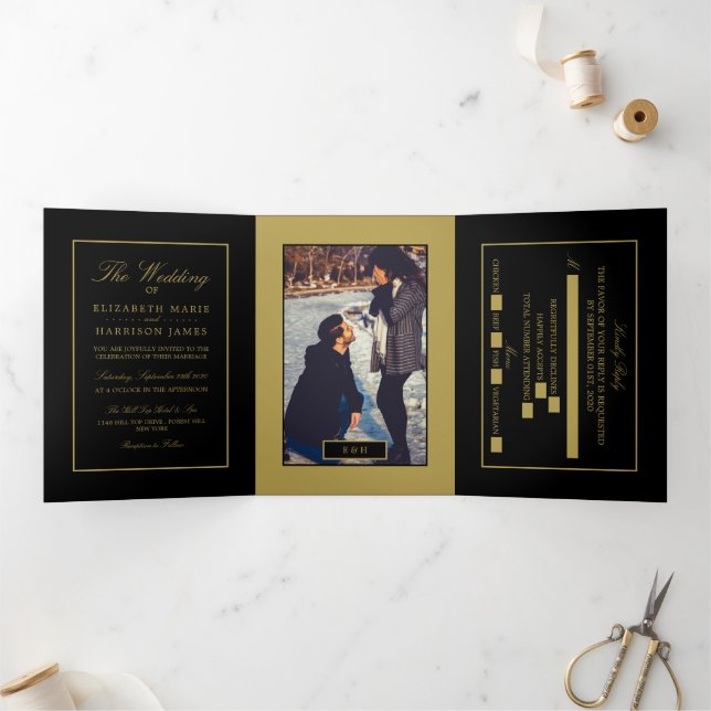 Modern Black & Soft Gold, Wedding Suite Tri-Fold Invitation (Inside)