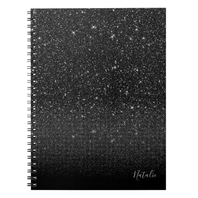 Modern Black Sparkle Glitter with Name Notebook (Front)