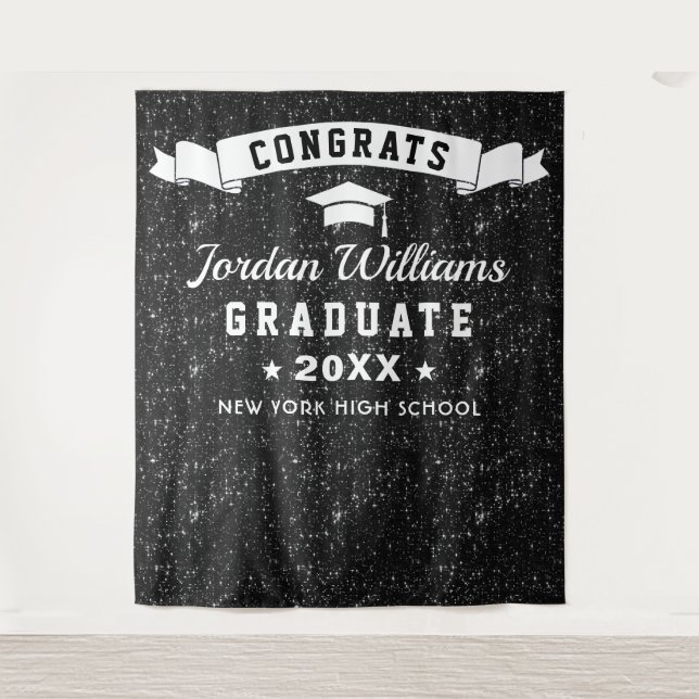 Modern Black Sparkle Graduation Photo Backdrop Tapestry (Front)