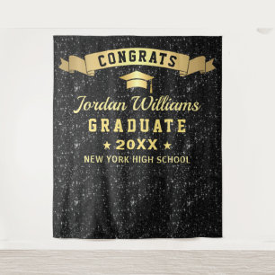 Modern Black Sparkle Graduation Photo Backdrop Tapestry