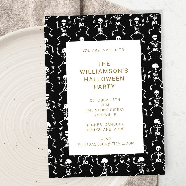 Modern Black Spooky Skeleton Halloween Party Invitation (Creator Uploaded)